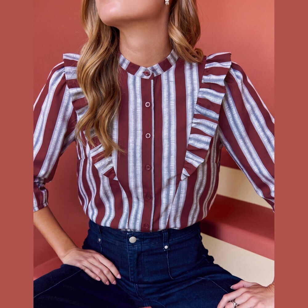 Burgundy Striped Ruffle Trim Button Front Stand Collar Blouse
